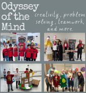 Students in Odyssey of the Mind showcase creativity, teamwork, and problem-solving through costumes and projects in a collage of photos.