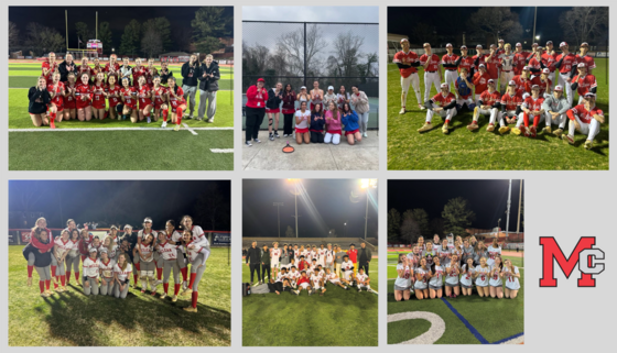 A collage of sports teams posing together on fields or courts, including football, baseball, softball, and soccer, with an MC logo on the right.