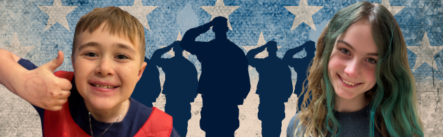 Two students shown against a patriotic background with white stars and blue silhouettes of military service members.