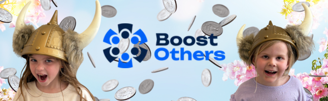 Two excited children in Viking helmets with 'Boost Others' logo and falling coins graphic against light blue background with cherry blossoms