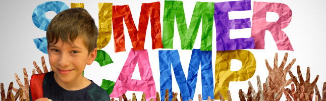 Student smiling next to colorful geometric text reading 'SUMMER CAMP' with decorative handprint designs in brown at bottom