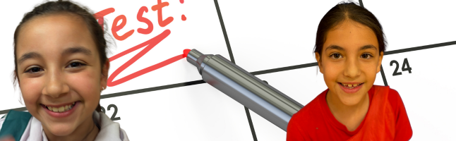 Two students smiling with test scores and a pencil graphic visible in the background