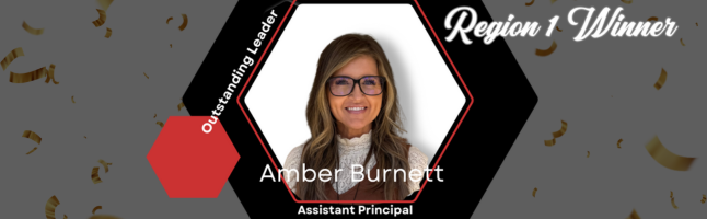 Professional headshot in hexagonal frame with text 'Region 1 Winner' and 'Assistant Principal' on black background with gold confetti accents