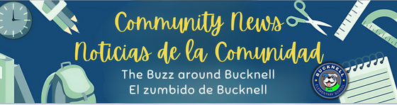 School News banner with “The Buzz at Bucknell” in English and Spanish, with school supplies in the background.