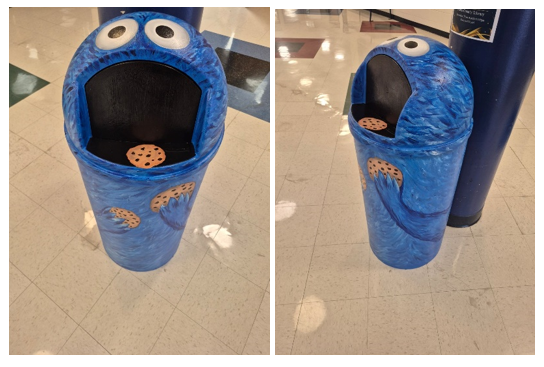 Trash can painted to look like Sesame Street's Cookie Monster