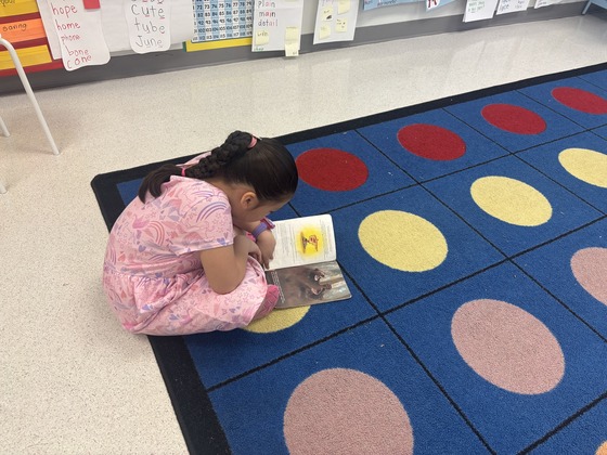 A student reads on the front carpet 