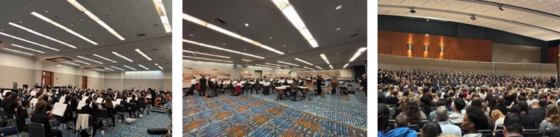 Three photos capturing different views of  a choral group, a band, and an orchestra.