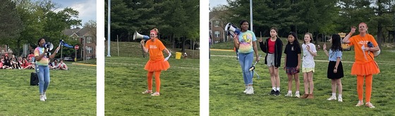 Mrs. Opie with the Spirit Stick, Mrs. Schadle cheering on students, and SCA leaders saying the school pledge