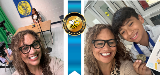 Mrs. Crews shares Hornet of the Month names on the morning news.