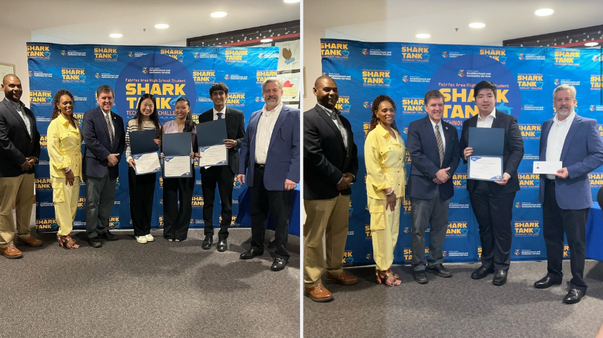 Two group photos at a high school Shark Tank event with participants holding certificates.