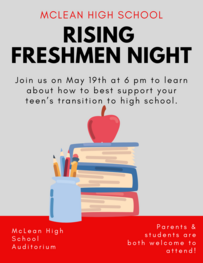 Flyer for McLean High School's Rising Freshmen Night with a stack of books and an apple illustration.