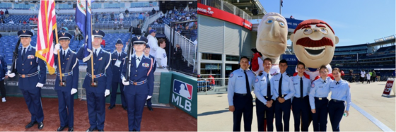 Students holding flags and standing with mascots
