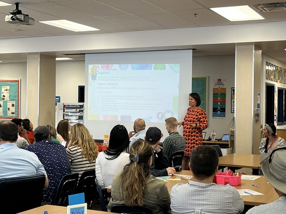 Families at presentation during Great  Falls ES Kindergarten Orientation