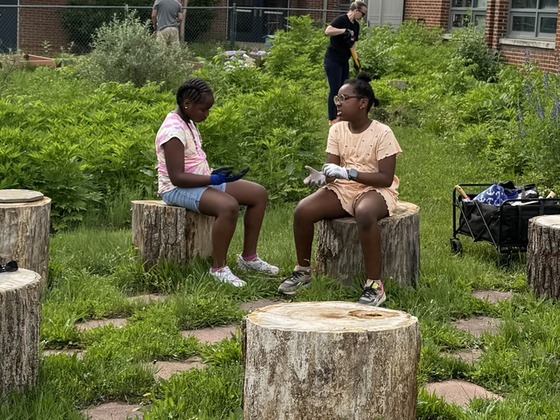 students working in the learning garden
