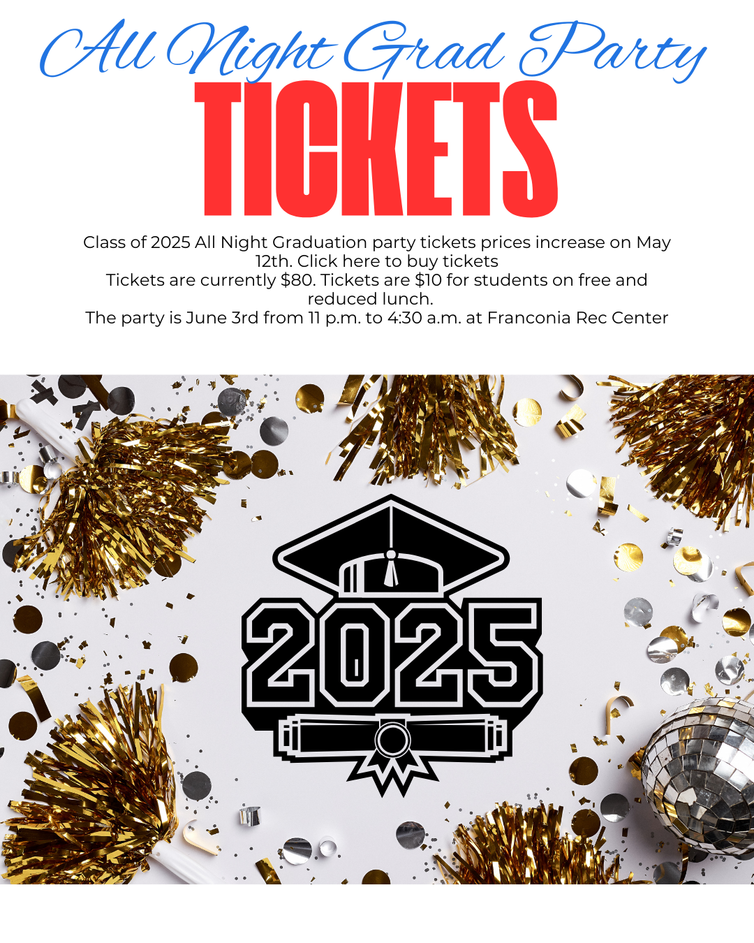 tickets and a 2025 surrounded by pom poms