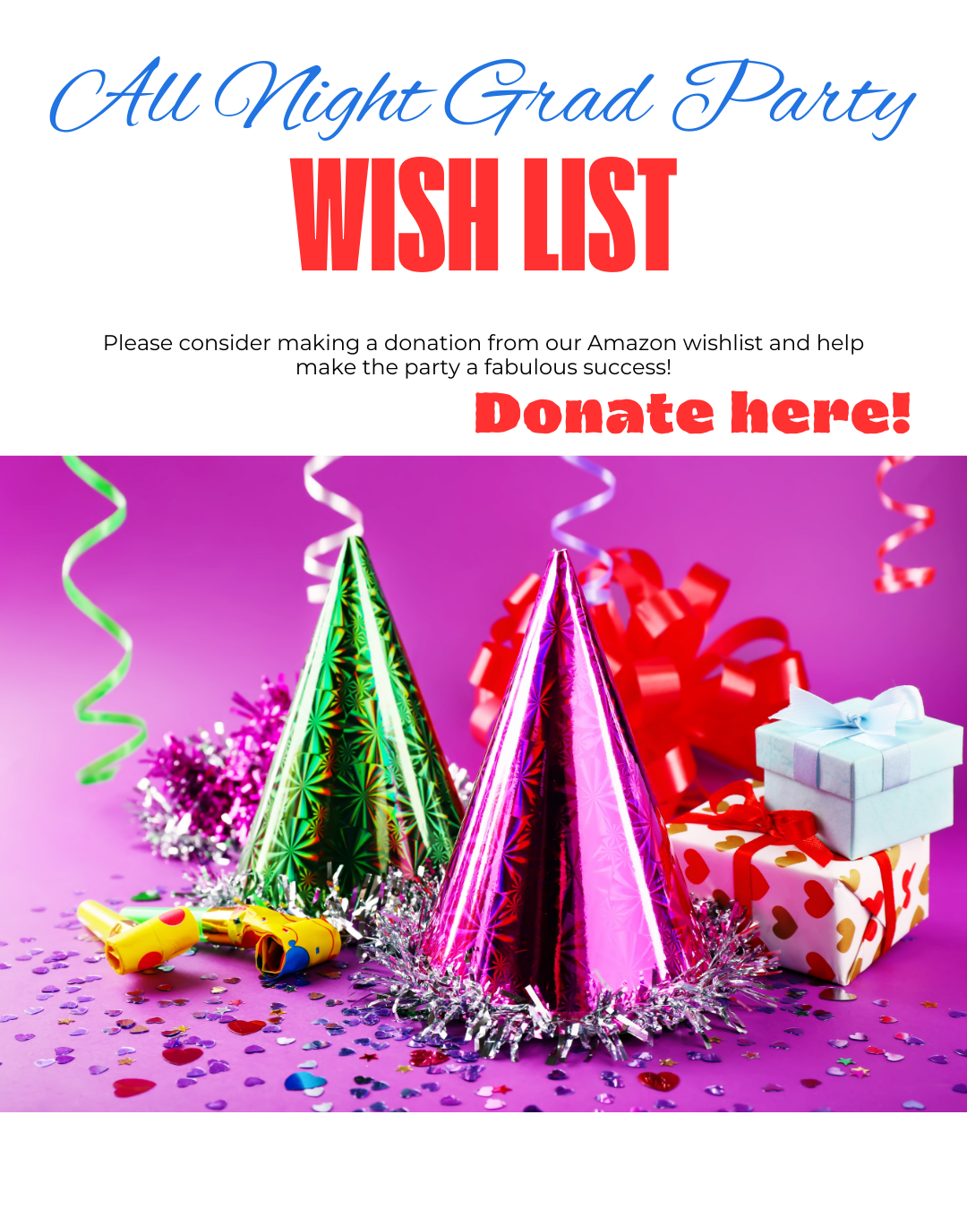 donate here and party hats