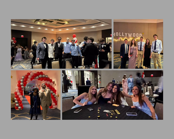 Collage of four images from a formal event with groups of people in a banquet hall.