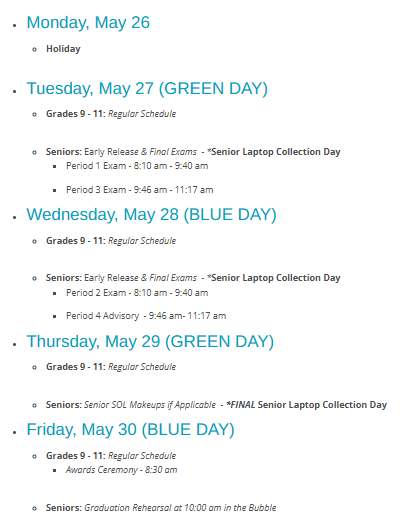 End of year schedule