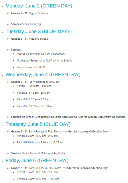 End of year schedule