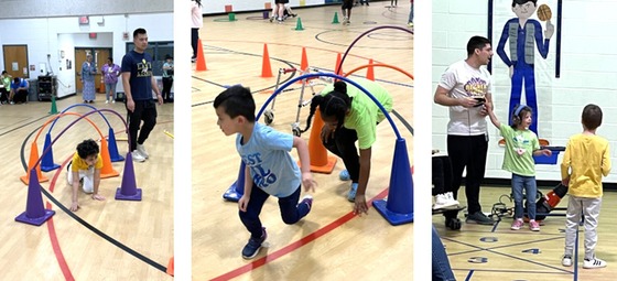 Students using fitness and sports equipment with help from friends