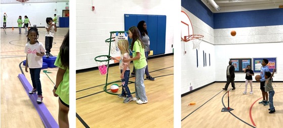 Students using sports equipment with help from friends