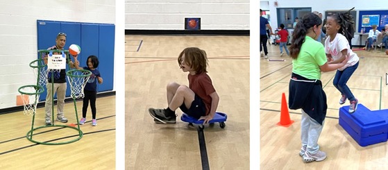 Students using sports equipment with help from friends