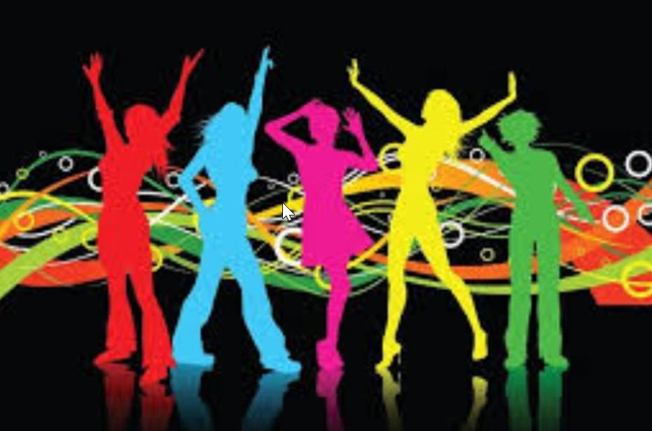 Colorful carton drawing of dancing people silhouettes