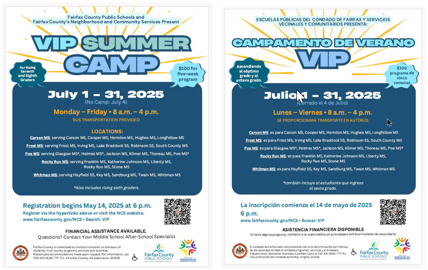 VIP Camp for middle school students flyers in English and Spanish