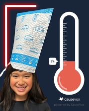 student wearing a bubble mailer as a hat next to a thermometer showing 9% of the goal is completed