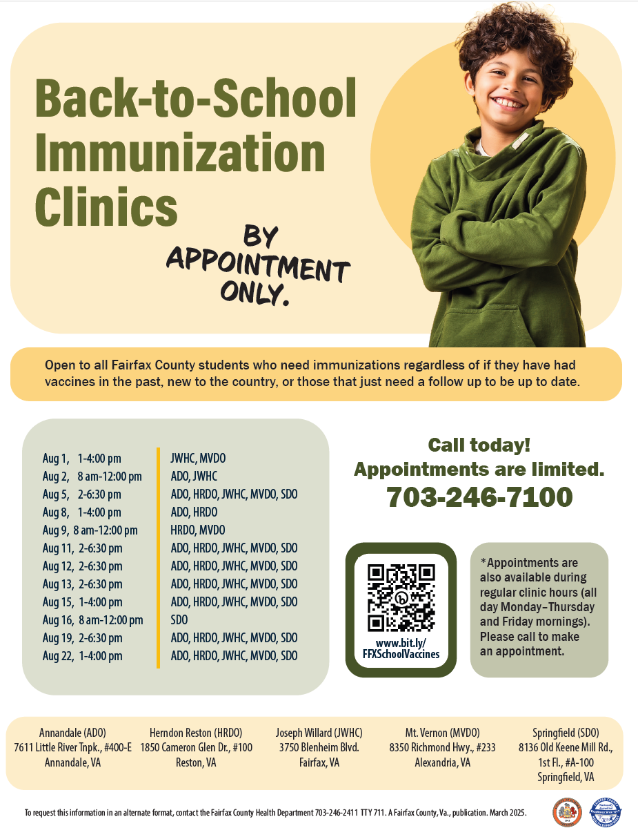 Infographic for Back to school immunization clinics in August 2025