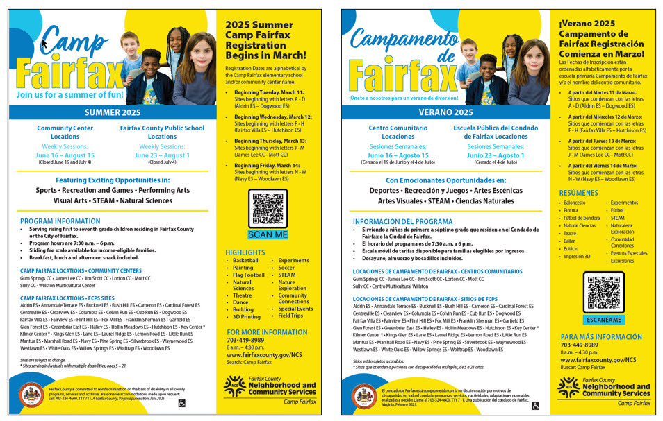Camp Fairfax flyers in English and Spanish