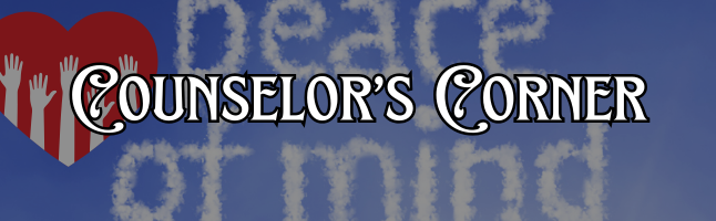 Counselor's Corner text in white with red heart and hand icons on blue background