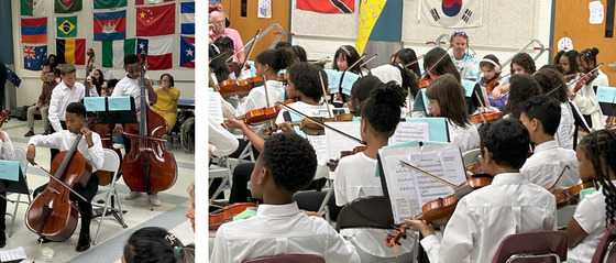 Strings students performing their Spring Concert in the cafeteria