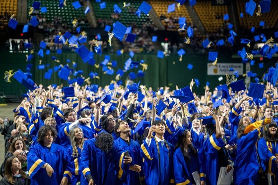 students throwing their caps and gowns