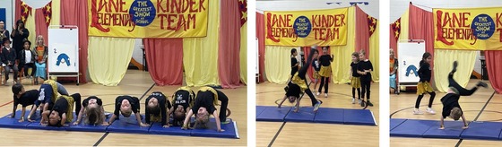 Kindergarten students dressed as acrobats performing tumbling exercises