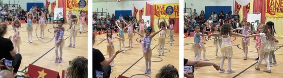 Kindergarten students dressed as hula dancers performing a dance with hula hoops