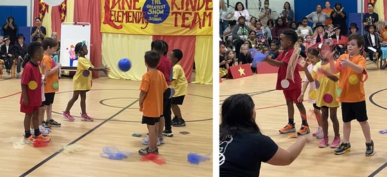Kindergarten students dressed as jugglers juggling balls and handerchiefs
