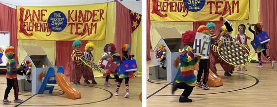 Kindergarten students dressed as clowns performing a funny scene
