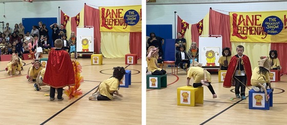 Kindergarten students dressed as lions and a lion tamer performing tricks