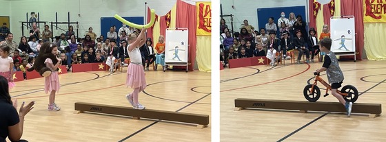 Kindergarten students performing "tightrope" tricks on a balance beam