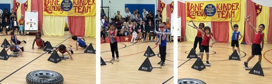 Kindergarten students dressed strong men performing tricks