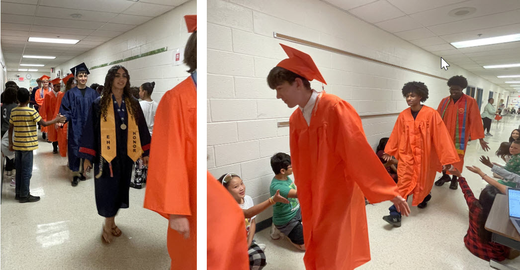 Class of 2025 graduates walking the hallways to cheers and applause from students and staff