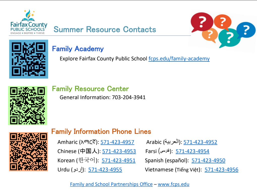 Summer Resource Contacts
