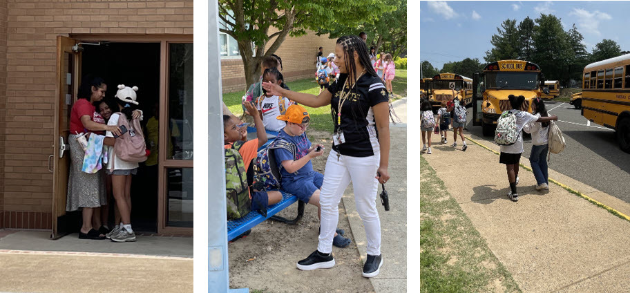 Students and teachers hugging and high-fiving as students leave the building