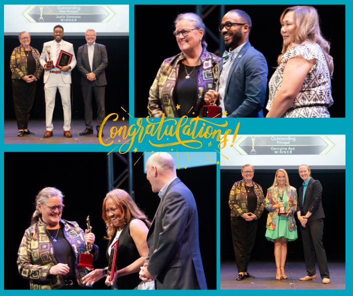 Adults standing together on stage with awards