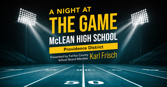 Football field at night with lights and promotional text for McLean High School event. 