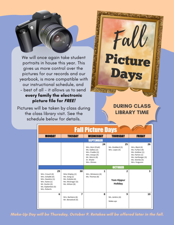 Flyer for picture day with camera and schedule