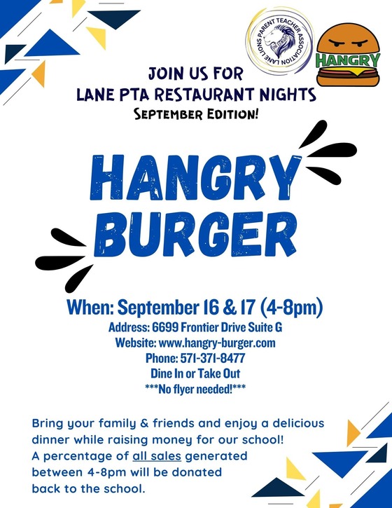 Hangry Burger Restaurant Night 9/16 and 9/17 - percentage of all sales will be donated to Lane