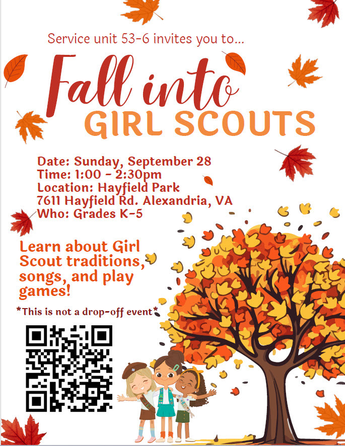 Fall into Girl Scouts event Sunday 9/28 Hayfield Park, 1 - 2:30 p.m.