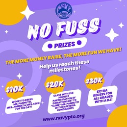 No Fuss Fundraiser Ad. 10k prize dress admin for the day. 20K slime mr P 30k. extra recess with DJ